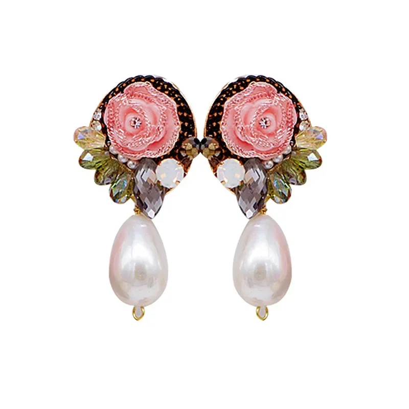 S925 Silver Ear Hook Handmade Vintage Pink Flowers Pearl Pendant Earrings Studs for Women Gift