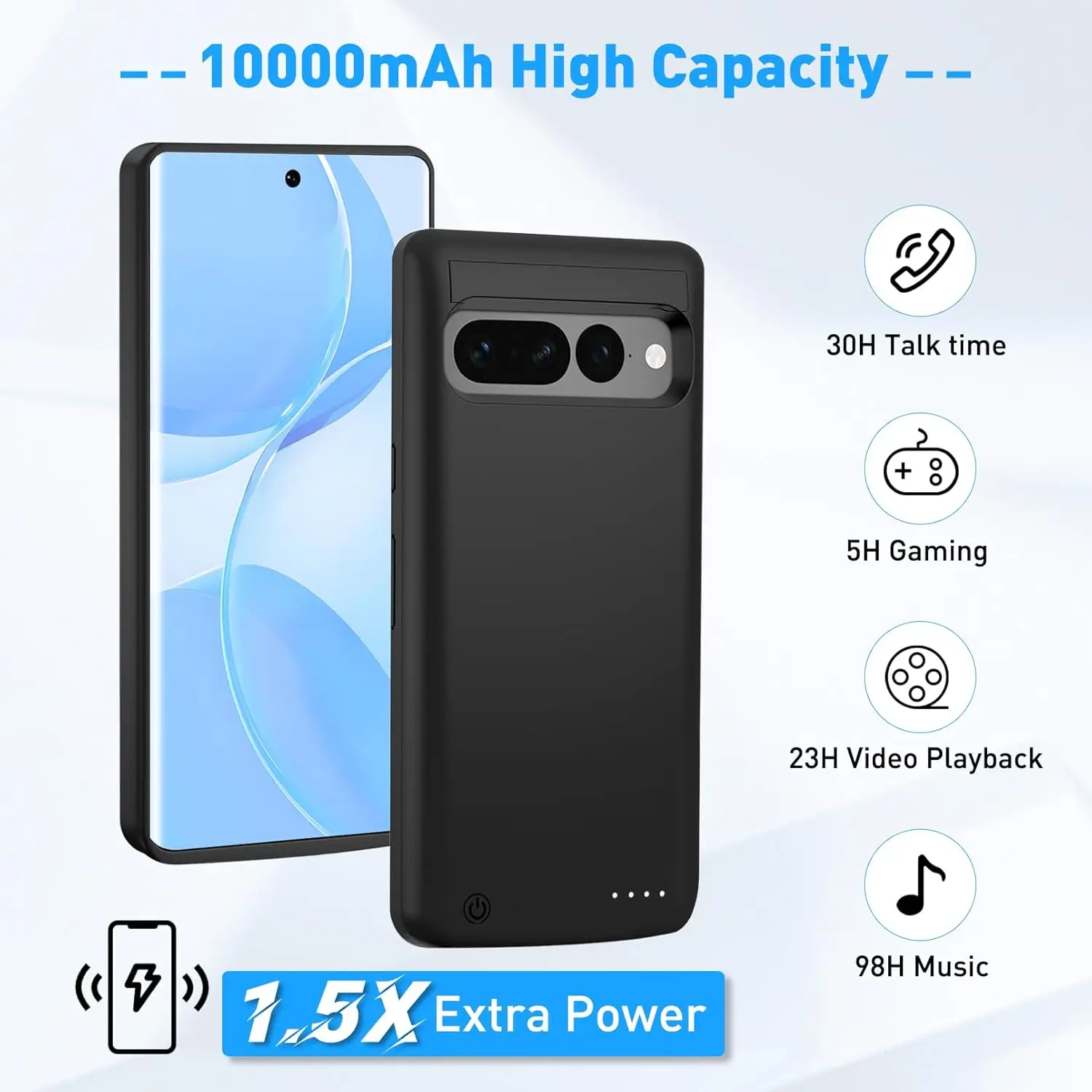 10000mAh For Google Pixel 7 Pro 8 Pro Battery Case Ultra-Slim Protective Charging Cover with Kickstand Rechargeable Extension
