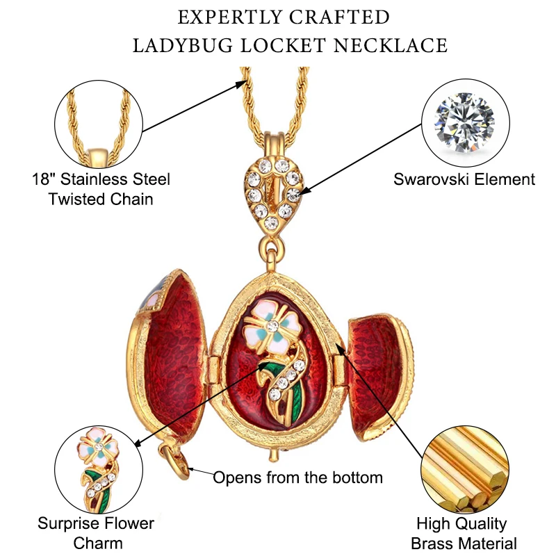 YAFFIL Red, Black And Gold Enamel Ladybug Decorative Pendant With Diamond Set Opening Necklace