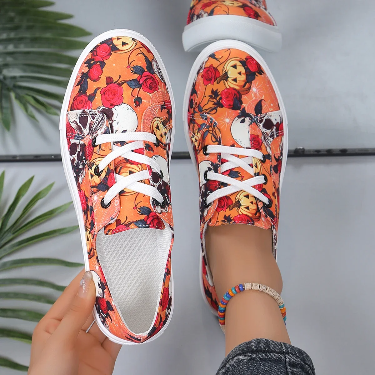 Women Pumpkin and Bat Printed Canvas Shoes Casual Lace Up Outdoor Shoes  Lightweight Low Cut Halloween Shoes Size36-42