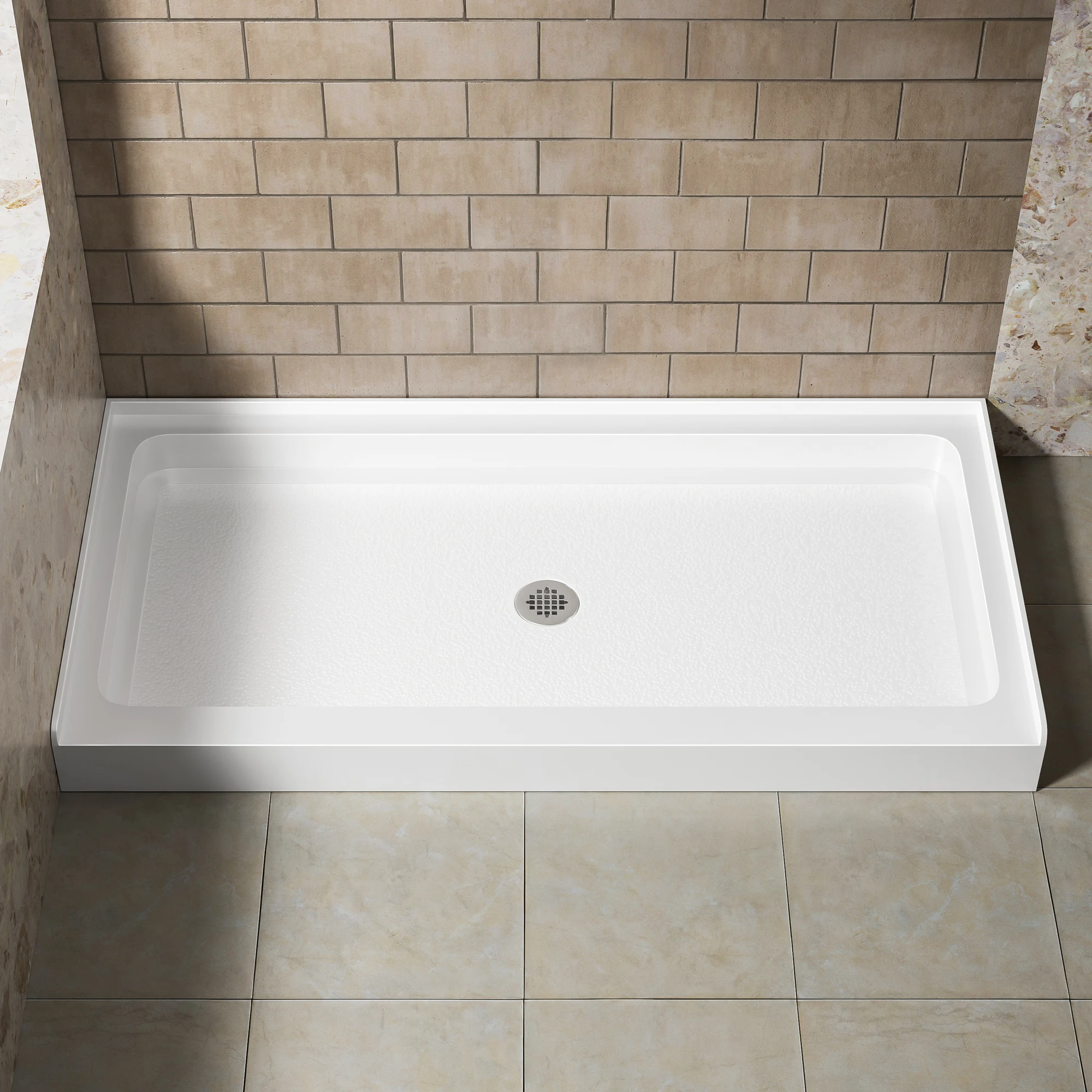 

60x30 Inch White Acrylic Shower Base, Center Drain, Non-Slip Surface