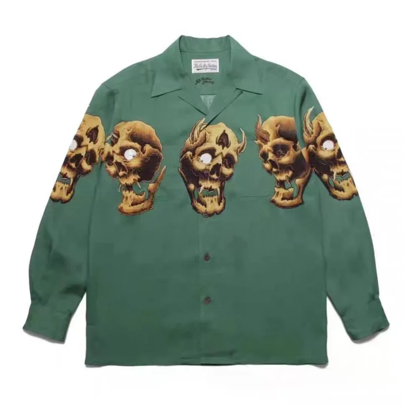 WACKO MARIA Hip Hop Stripes Skull Plaid Shirt Autumn Japanese Harajuku Mens Womens Casual Hawaii Long Sleeve Shirt