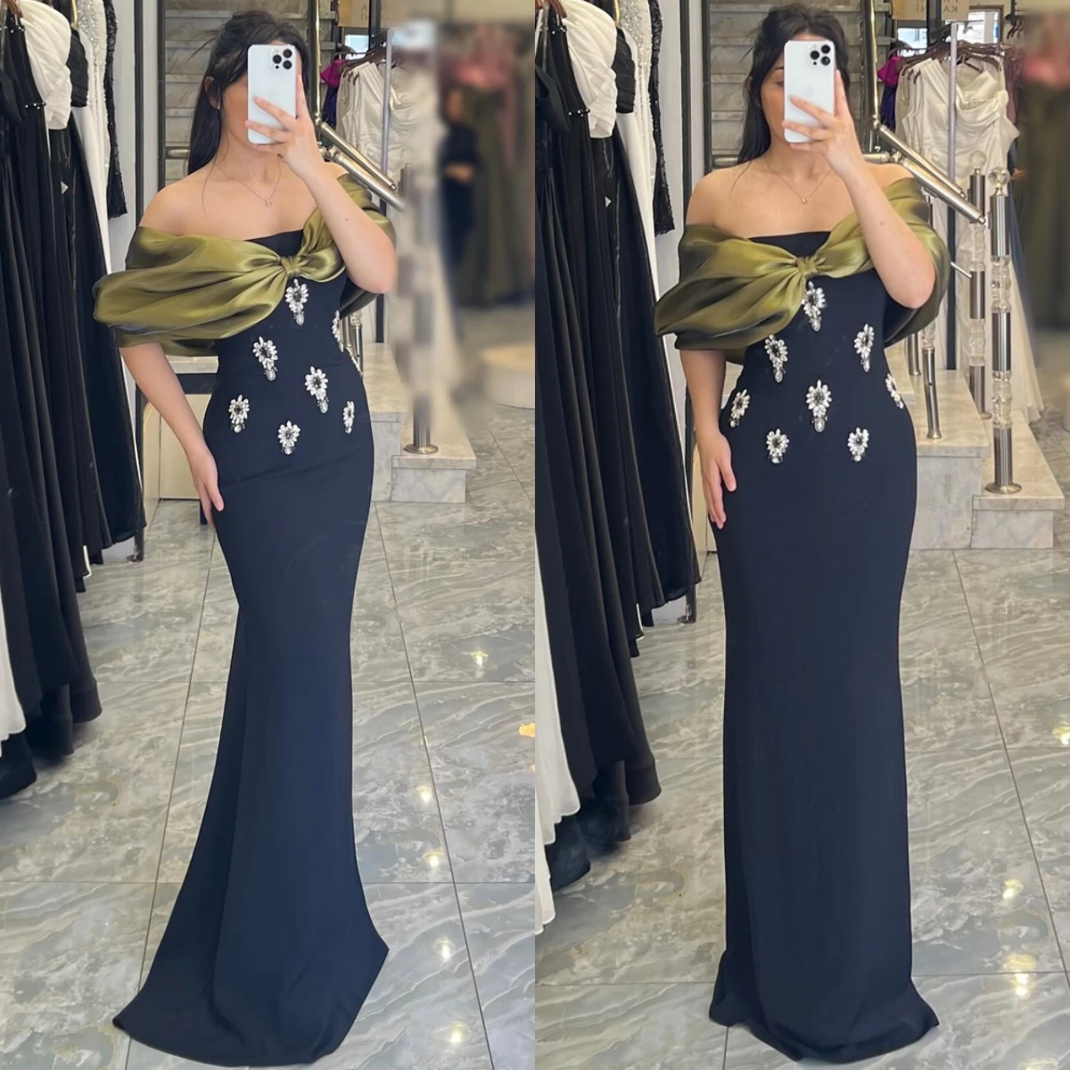

Customized Simple Black Jersey Evening Dress Formal Boat Neck Off the Shoulder Party Dress Classic Mermaid Crystal Prom Dresses