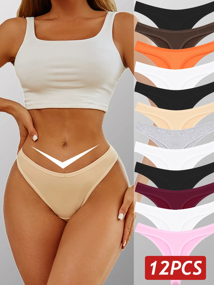 

12PCS Women Cotton Panties Sexy V Waist Thongs G-String T-Back Sexy Lingerie Solid Color Soft Underwear Seamless Girls Panties