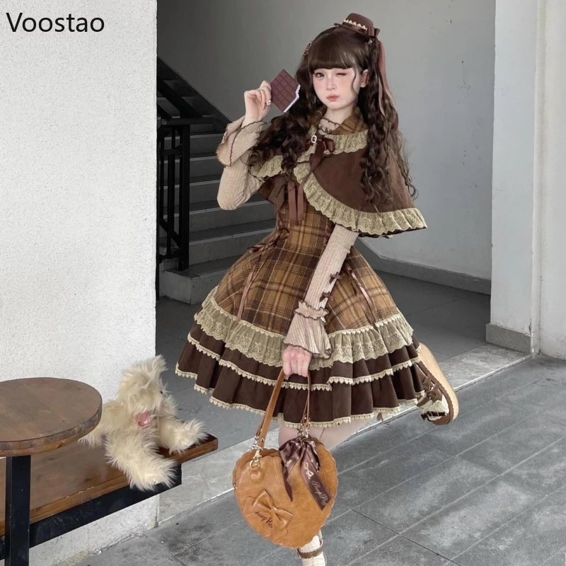 اليابانية لطيف لوليتا نمط 3 قطعة مجموعة المرأة الحلو مقوس دانتيل بيتر بان طوق عباءة علوية منقوشة فستان قصير الكورية Harajuku Y2k البدلة