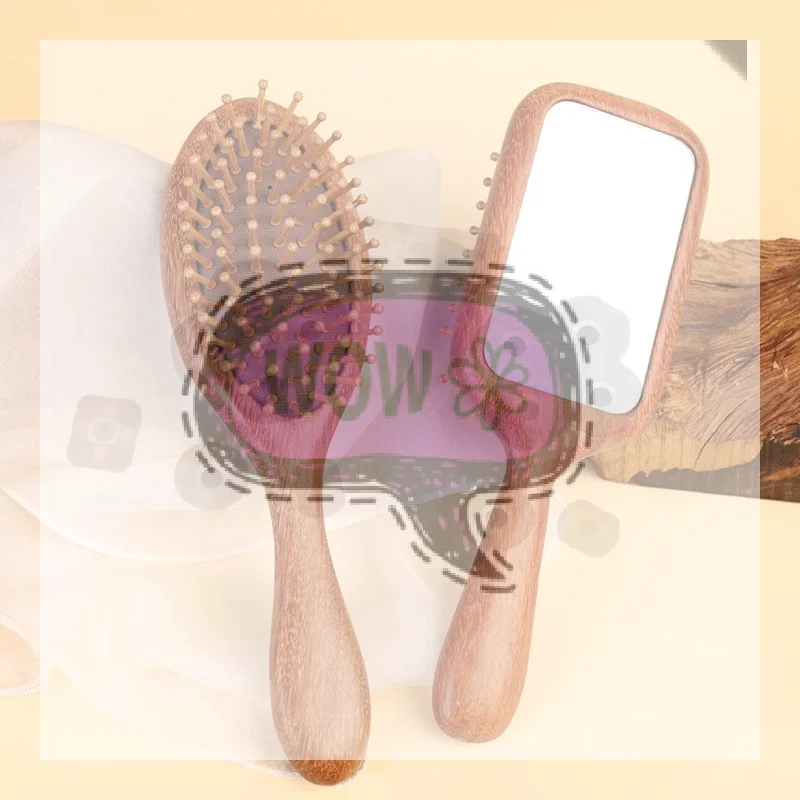 【HBA】Mirror Comb 2-in-1 Sandalwood Air Cushion Comb - Fine-Toothed, Scalp Massaging Hairbrush For All Hair Types Scalp Massage