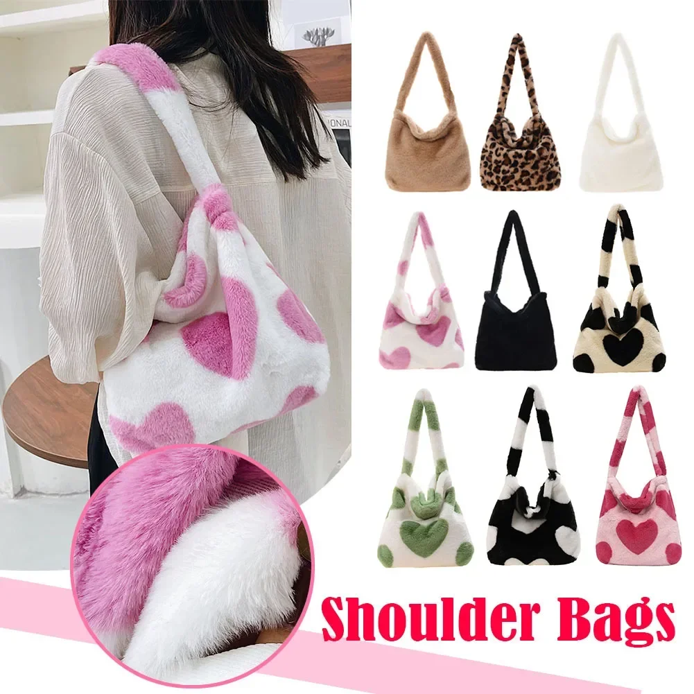 

Women Fashion Plush Shoulder Bag Cute Heart Fluffy Commuting Bag Cartoon Simple Shopping Soft Plush Tote Bag Daily Sling 가방