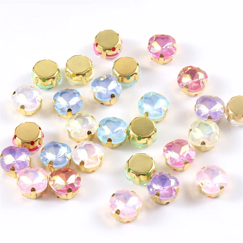 10mm Glitter Crystal Square glass sewing on Rhinestones with gold claw gemstone for Wedding Dress Shoes Bags DIY Trim