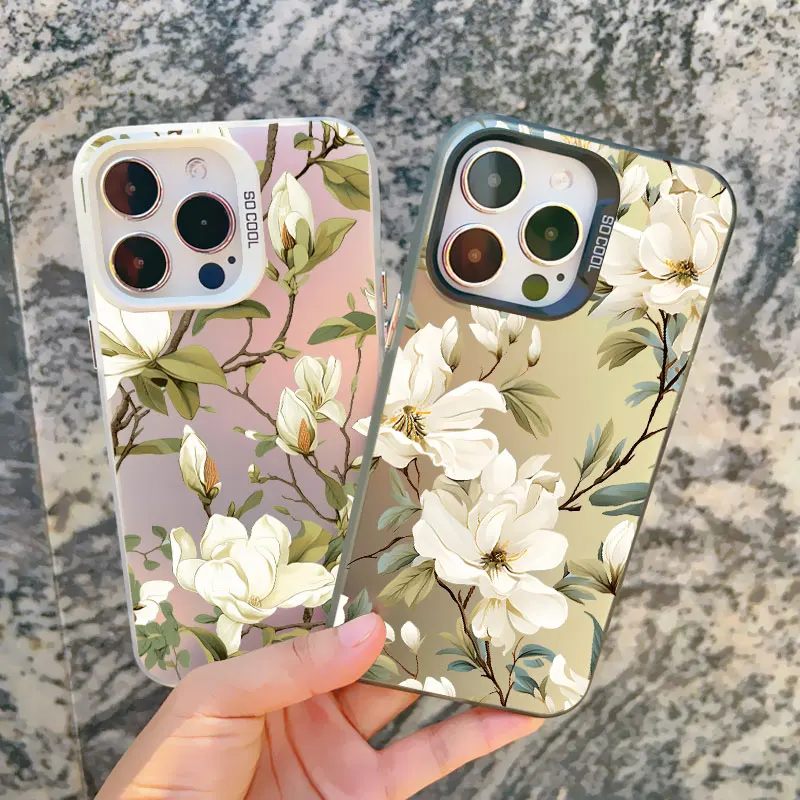 White Magnolia Flower Phone Case For iPhone 16 14 Pro Max Plus 15 13 Mini 12 11 Pro Max Plum Blossom Shockproof Laser Covers