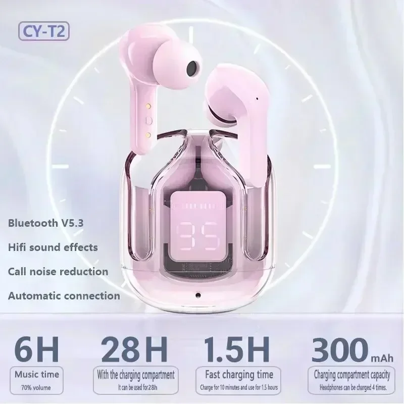 NEW T2 Tws Wireless Bluetooth Headset Transparent ENC Power Digital Display Stereo Sound Earphones for All Smartphone