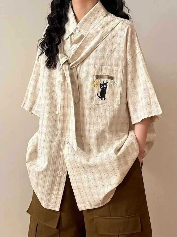

Japanese Plaid Women Shirt Vintage Cartoon Embroidery Summer Casual Blouse Preppy Patchwork Bandage Loose Sweet Retro Tops New