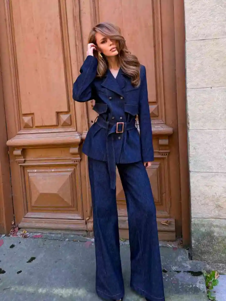 Modern Women Business Suit V Neck Multi Pocket Belted Slim Blazer Wide Leg Trousers Formal Wear For Career Meeting Customized