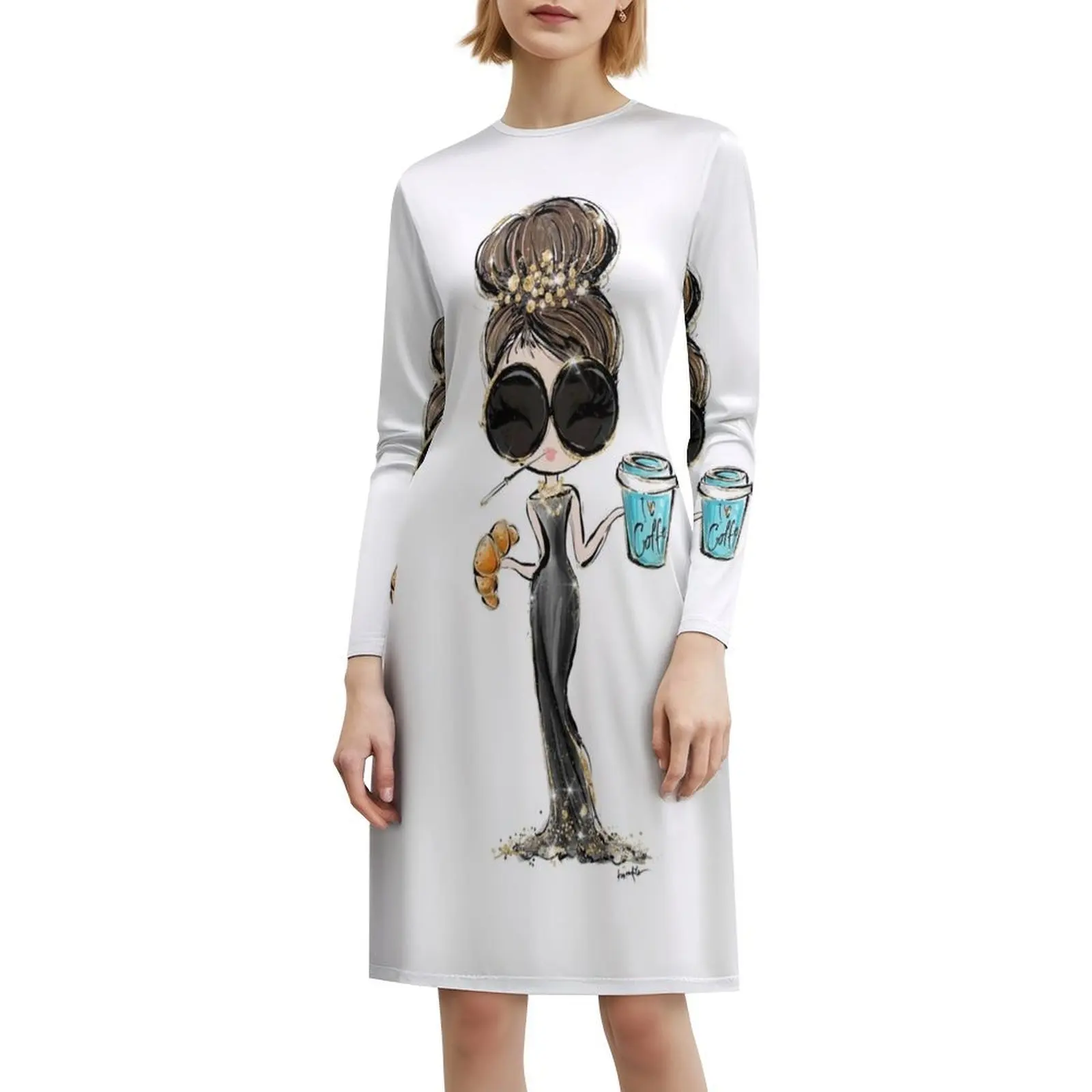 أودري هيبورن مستوحاة شخصية كرتونية المرأة الشارع الشهير فستان الحفلات العصرية طباعة نادي الملابس للإناث أودري هيبورن