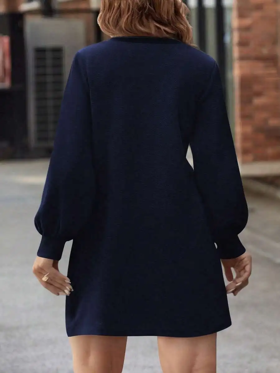 여성용 V넥 긴팔 플러스 사이즈 캐주얼 드레스 - 블랙 미니멀리스트 가을 겨울 스타일