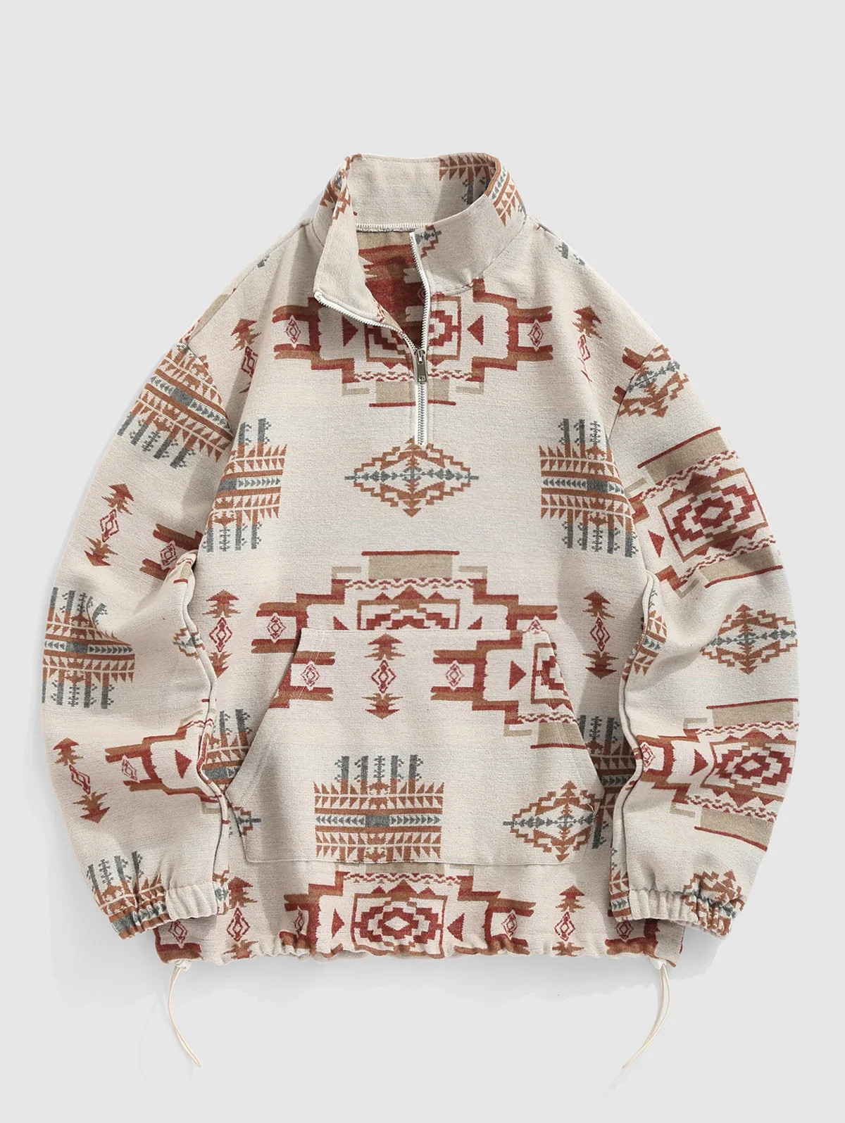 Felpa Pullover con Zip a un quarto di tasca a canguro di lana con stampa etnica azteca Vintage da uomo ZAFUL