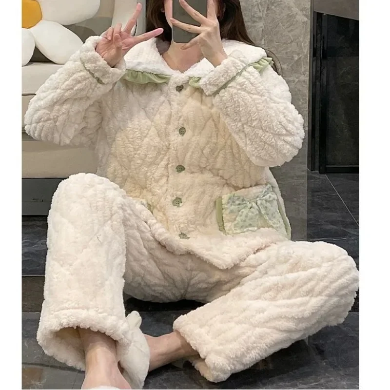 2023 New Triple Layered Cotton Jacket Coral Velvet Pajamas Women Autumn Winter Thicken Plush Loungewear Sweet Cute Warm Homewear