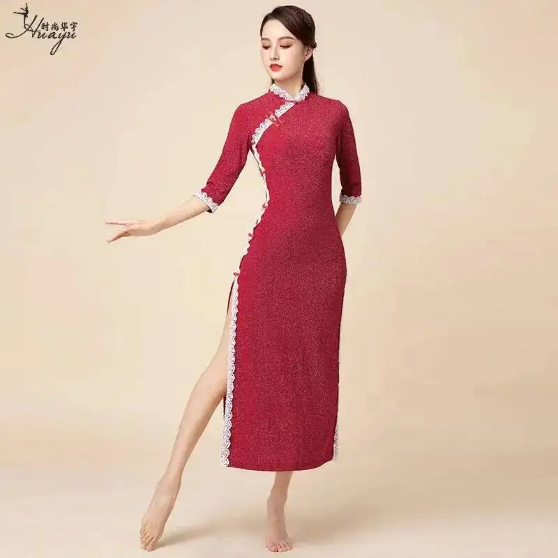 New Classical Dance Fashion Slimming Slit Lace Stand Collar Cheongsam Dress Chinese Improved Dance Costume for Women Elasticity