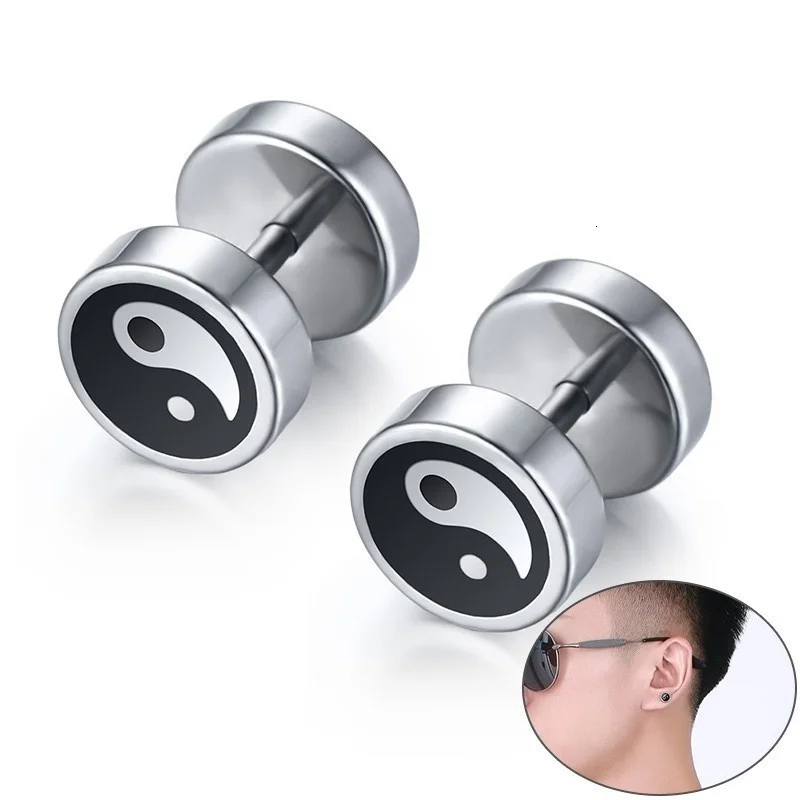 Vnox Chinese Yin and Yang Stud Earrings for Men Jewelry Stainless Steel Round Tai Chi brinco masculino