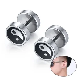 Vnox Chinese Yin and Yang Stud Earrings for Men Jewelry Stainless Steel Round Tai Chi brinco masculino