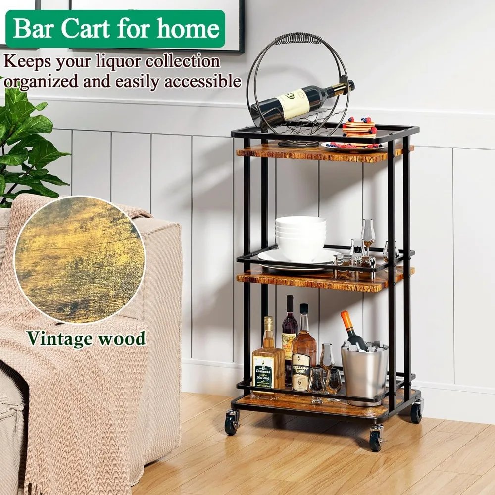 3 Tier Bar Cart for Home, Rolling Mini Liquor Bar for Wine Beverage Dinner Party, Utility Kitchen Storage Island Serving Cart