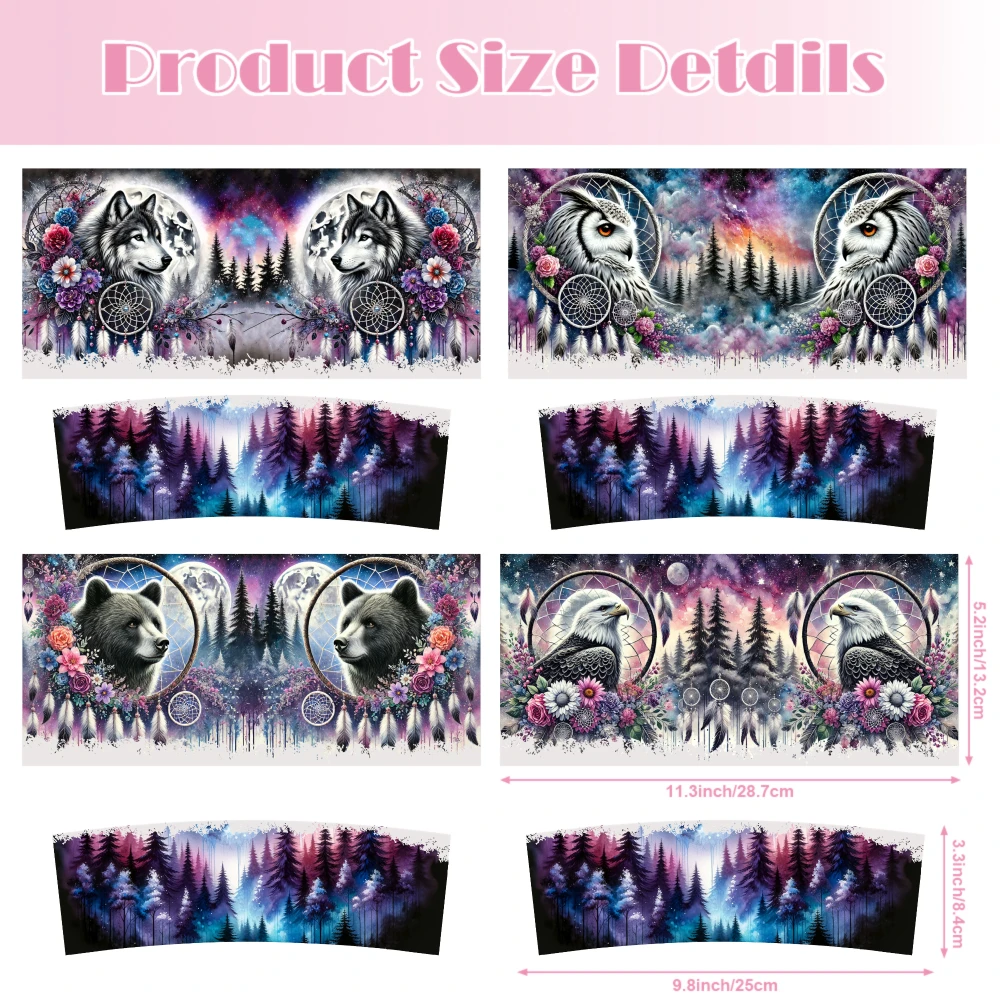 4 Sheets Wolf Eagle Bear Owl Forest Dreamcatcher Flower Moon Night Sky Tree Mountain Sunlight Water Reflection Nature Spirit
