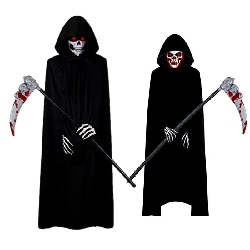 Children\'s Ghost Halloween Role-play Costume with Red Skull Cape and Scythe Creepy Vampire Mask