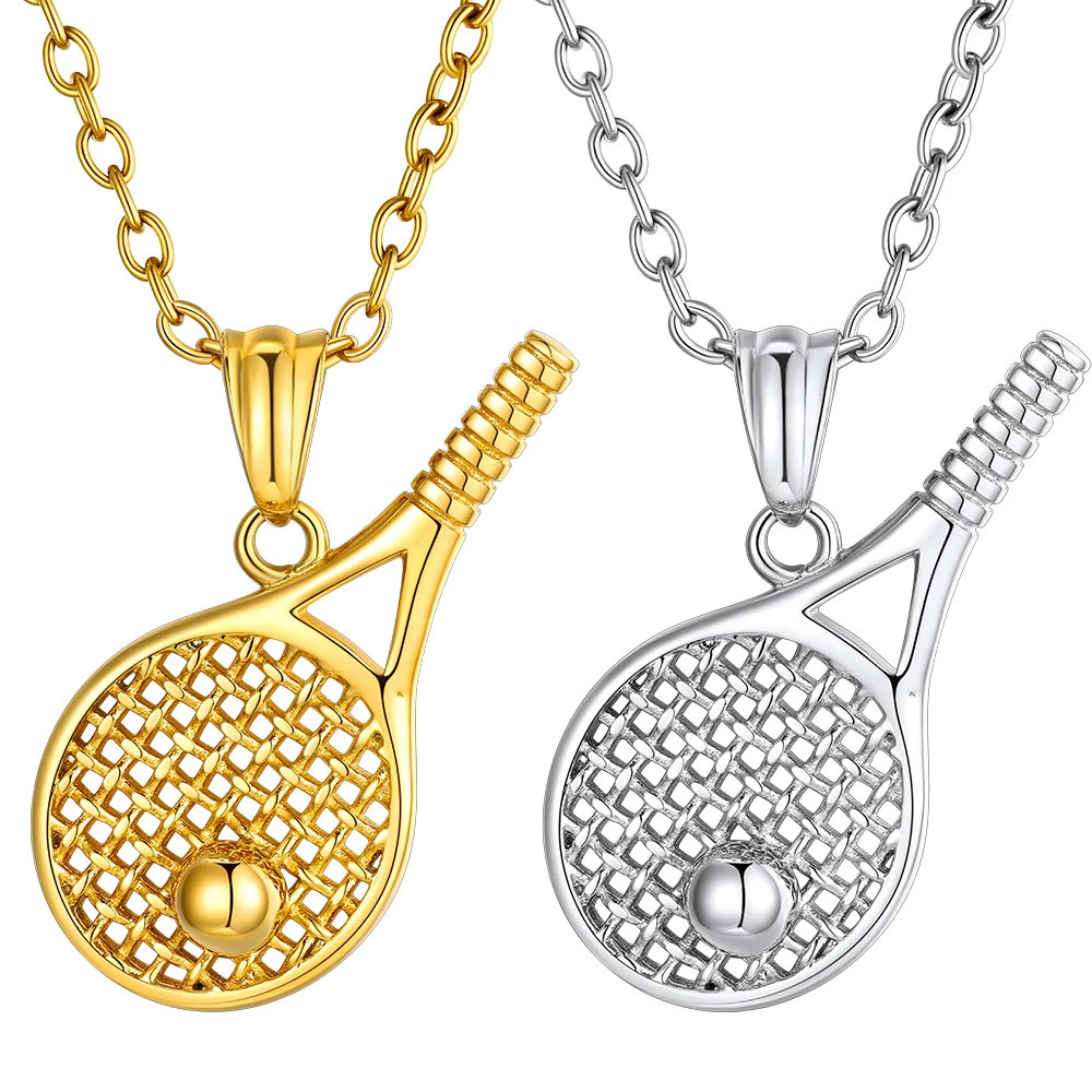 U7 aço inoxidável raquete de tênis bola pingente colar para homem mulher cor ouro jóias presente para amante dos esportes unisex jóias presente