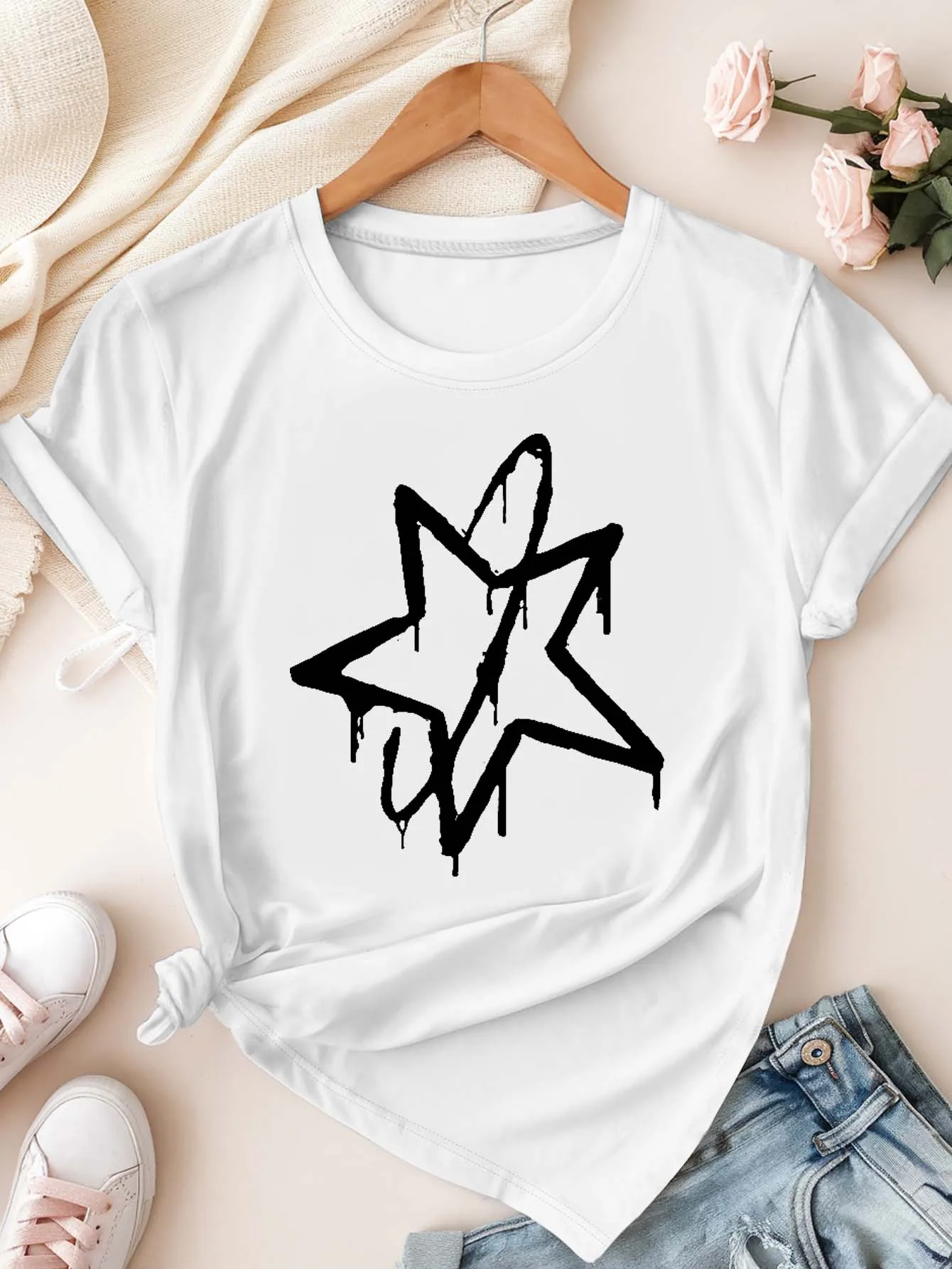 Plus - Maat T-shirt met korte mouwen Oversized dameskleding: Streetwear Dripping Star Graphic