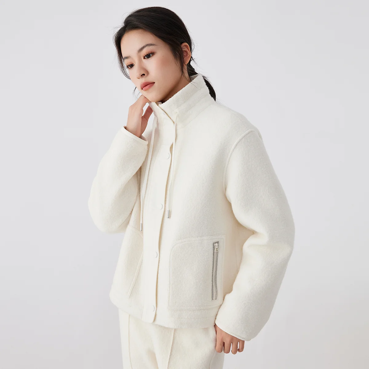 K2695L ropa de lujo de alta calidad para mujer 100% relleno de lana merino 90% plumón de ganso blanco chaqueta de cuello alto