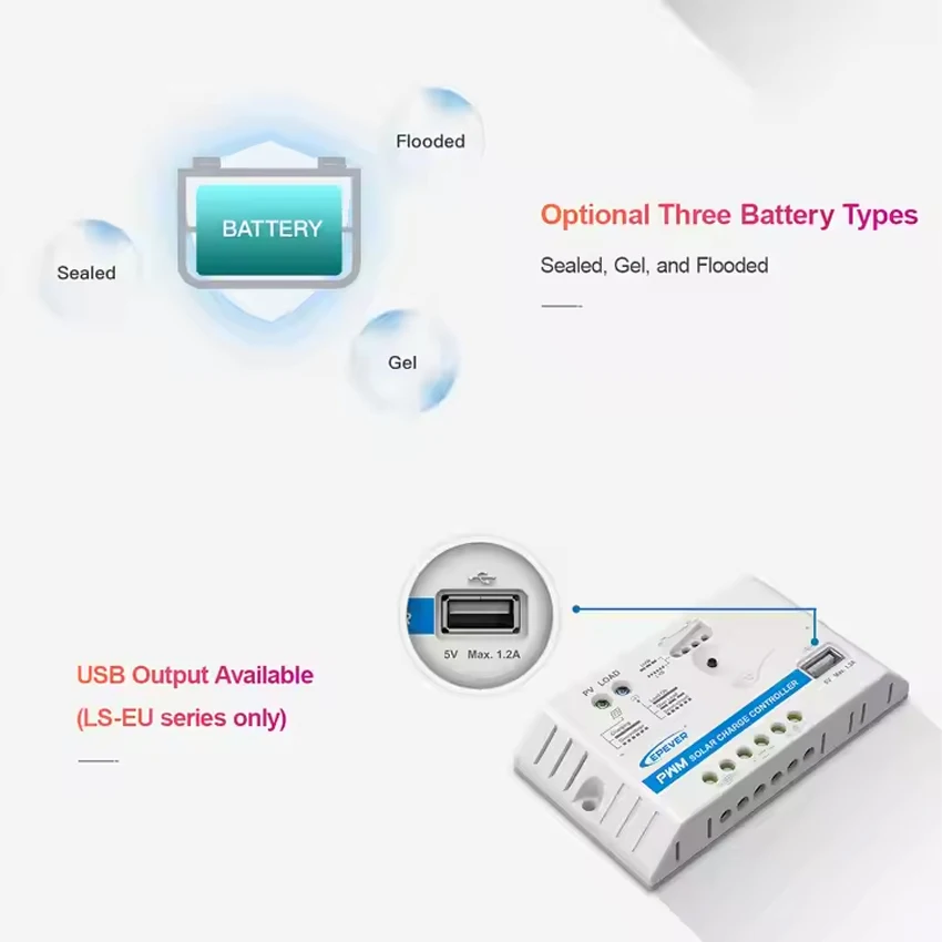 Regolatore Di Carica Solare EPEVER PWM LS1012EU – 10A, 12V, Con Porta USB E Protezioni Integrate