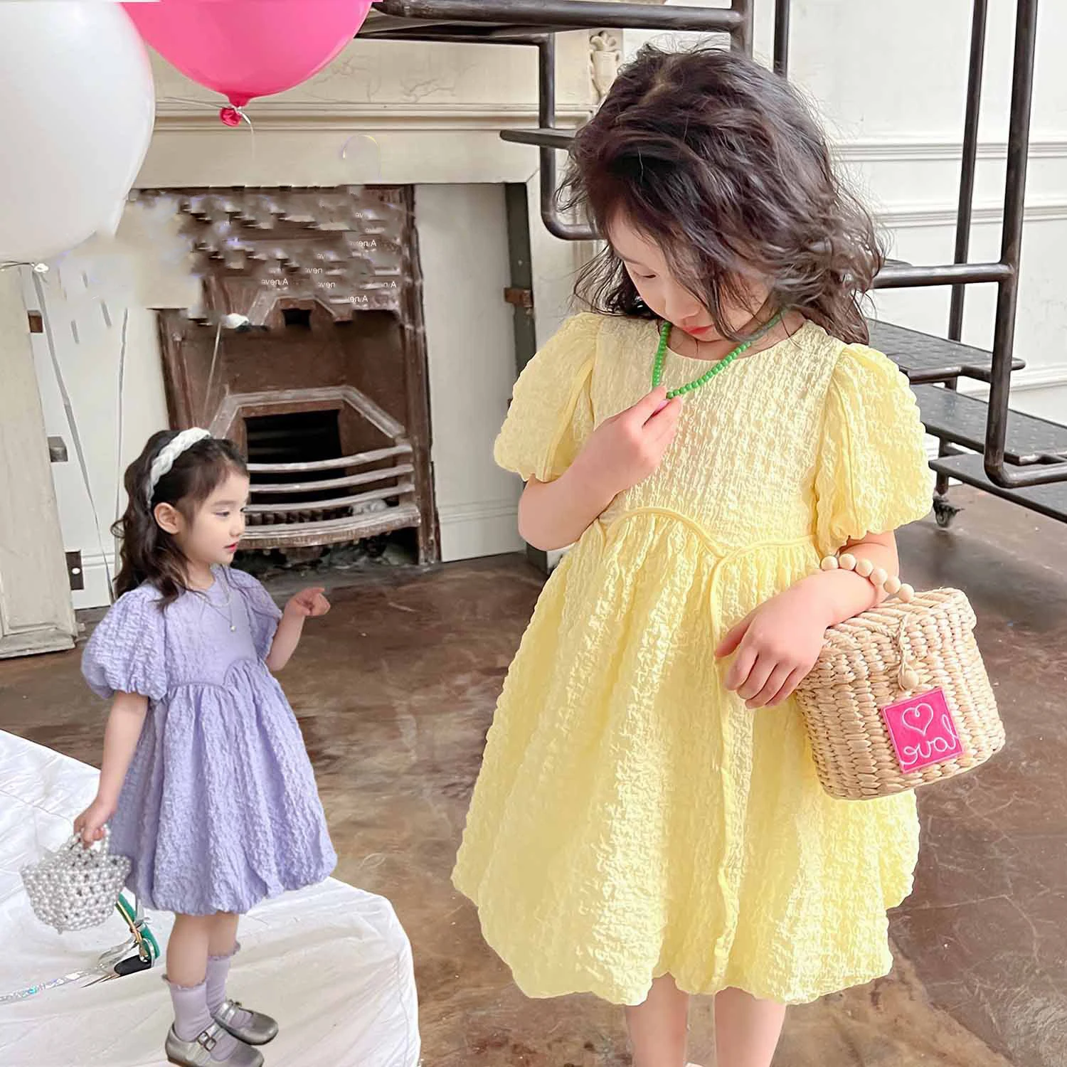 Girls\' Summer Dress New Fashionable Solid Color Sweet Dress Short Sleeved Princess Dress Fluffy Dress For Children Clothing