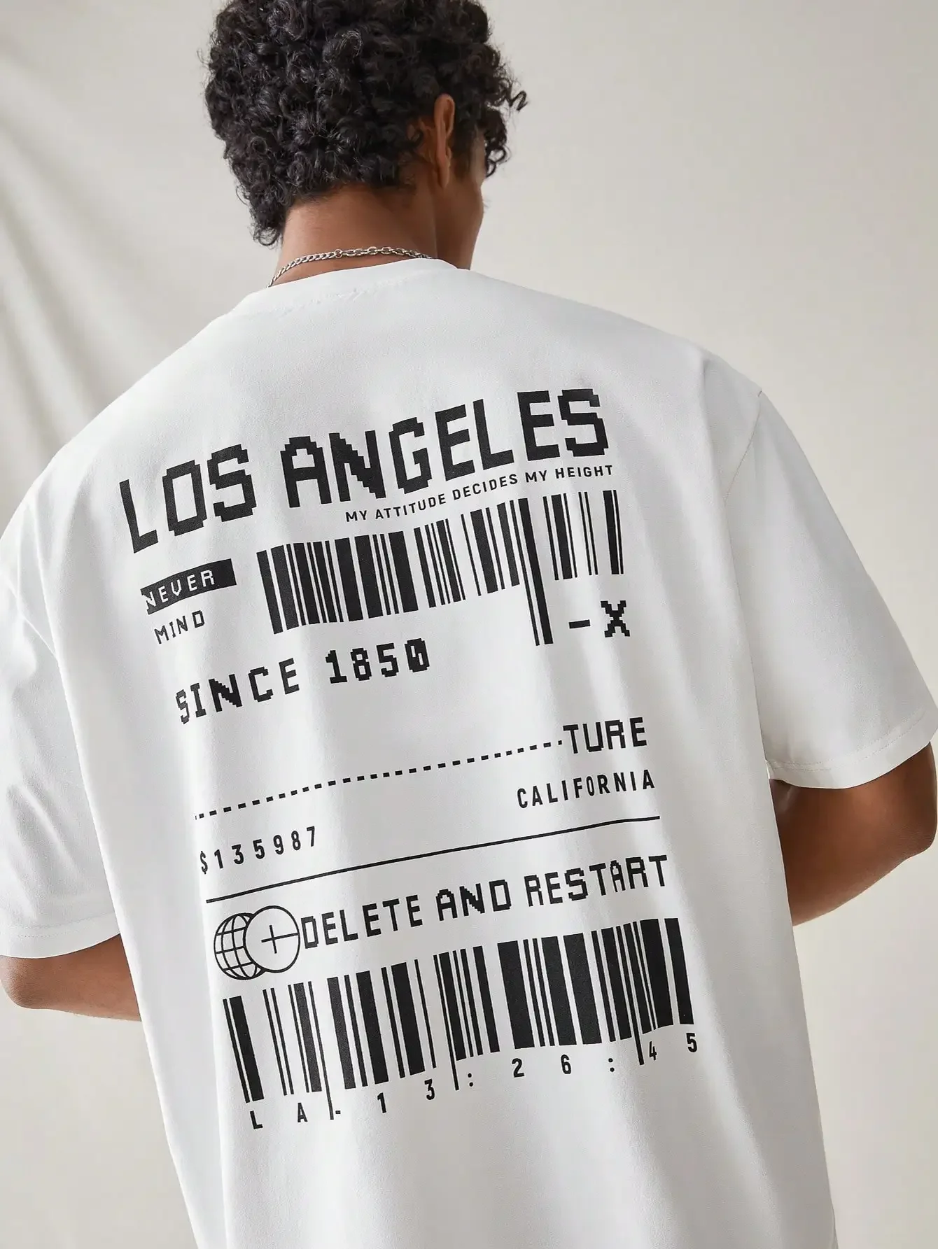 

Men's summer 100% cotton new hot bar code letter print casual outdoor street trend loose breathable T-shirt crewneck top