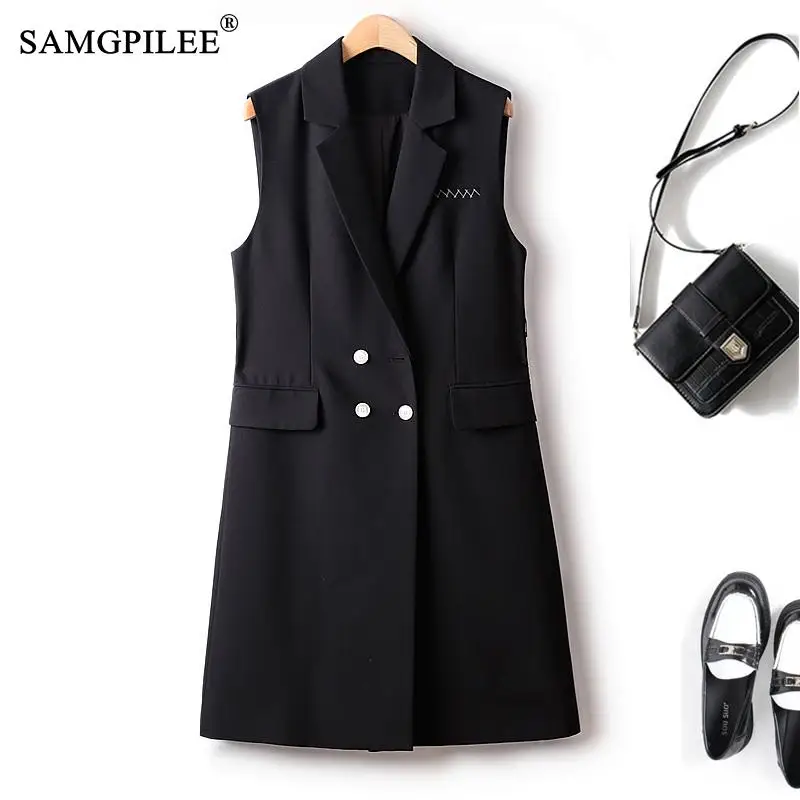 

Spring Vest For Women 2023 New Mid Length Suit Collar Double Breasted Drape Black Straight Fashion Sleeveless Jacket Woman 4XL