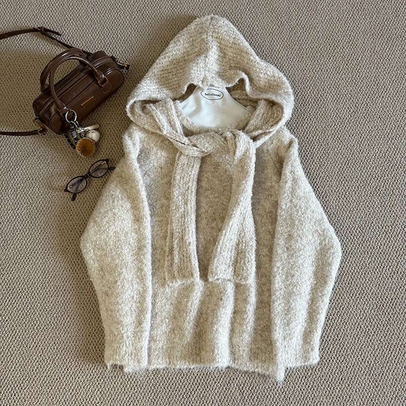 

Персонализированная шапка, шаль, свитер с круглым вырезом, осень-зима, женский мягкий вязаный пуловер, однотонные утолщенные теплые свободные свитера