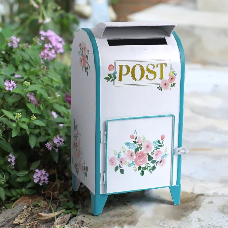 European Style Courtyard Post Office Box Vintage Iron Mail Case Flower Painting, Grocery Boxes Versatile Scene, Home Accessories