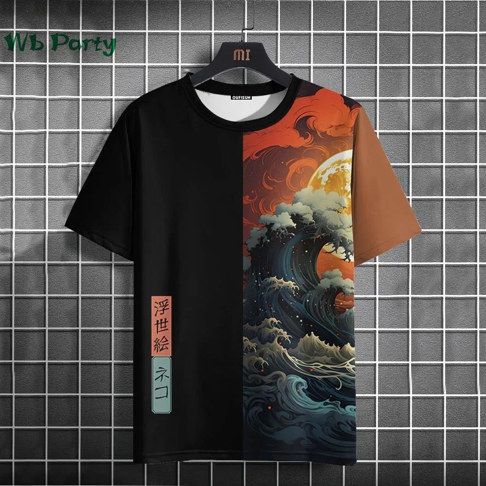 Summer men's short sleeved T-shirt with ukiyo-e E-wave pattern print, men's T-shirt with simple print, men's round neck, men's