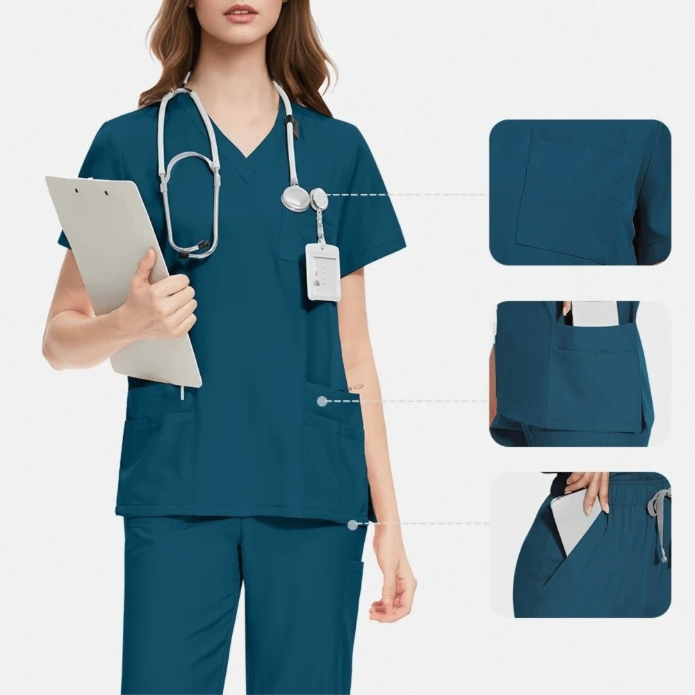 

Soft Pink Clinical Uniform Healthcare Scrub Top & Pants Woman Pharmacy Workwear Work Clothes with Pockets