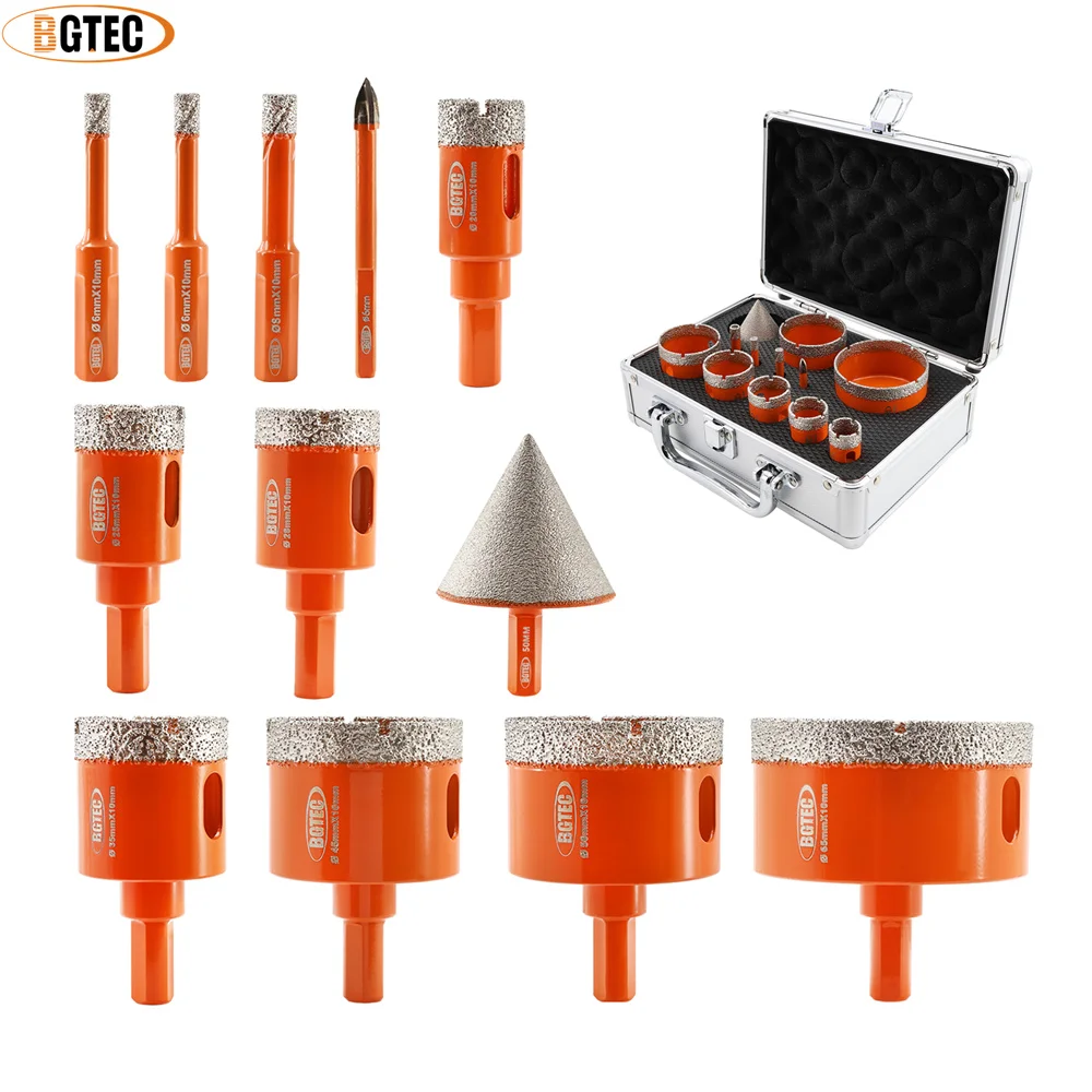 BGTEC 12 ชิ้น/กล่องเพชรเจาะ Core Bits ชุด 6/6/8/20/25/28/35/45/50/65 มม.+ 50 มม.Chamfer + เจาะตําแหน่งสามเหลี่ยม Shank กระเบื้องหินอ่อน