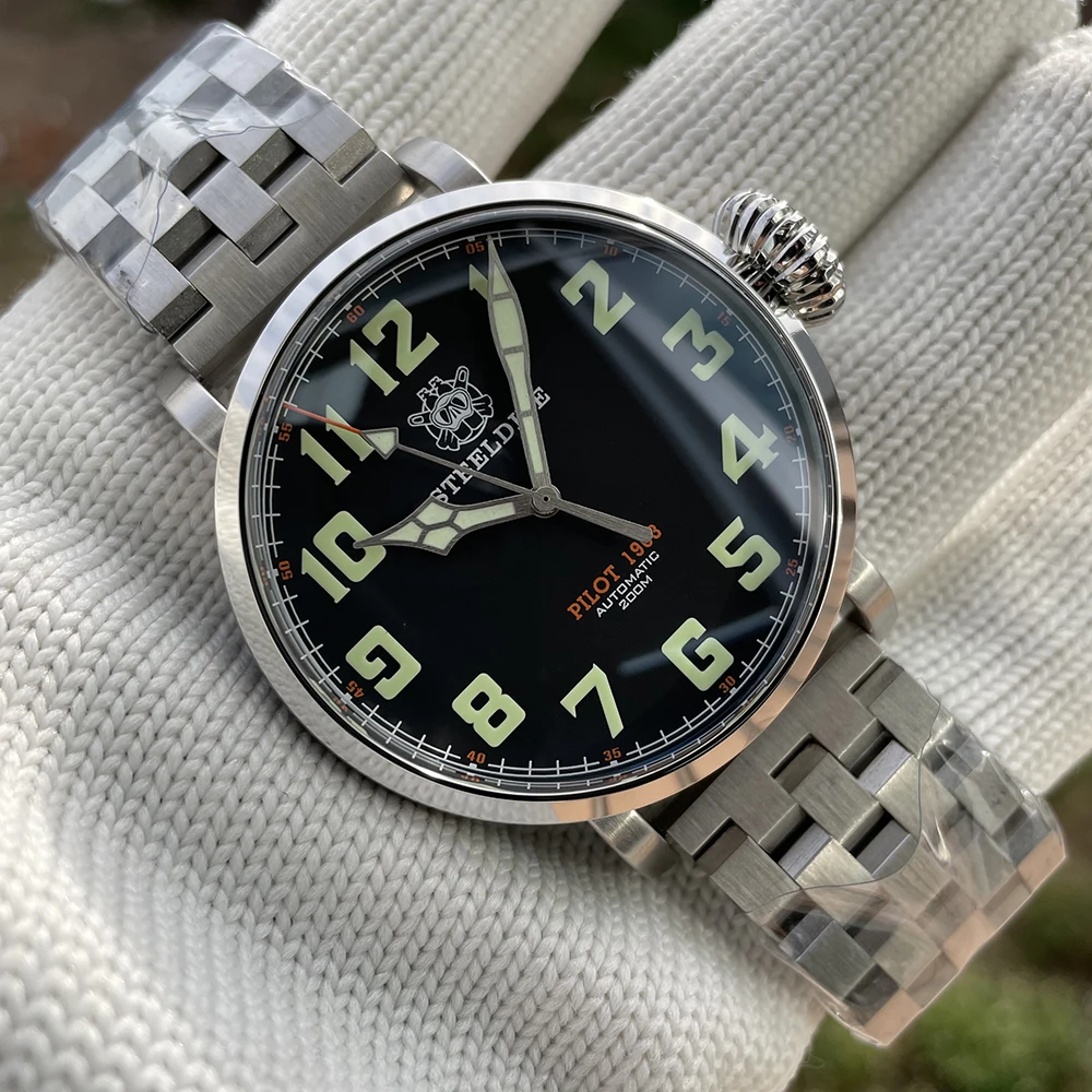 STEELDIVE Dive Watch SD1903 Stainless Steel Pilot 20Bar Waterproof Mechanical Watch Big Dial Swiss C3 Green Luminous Wristwatch