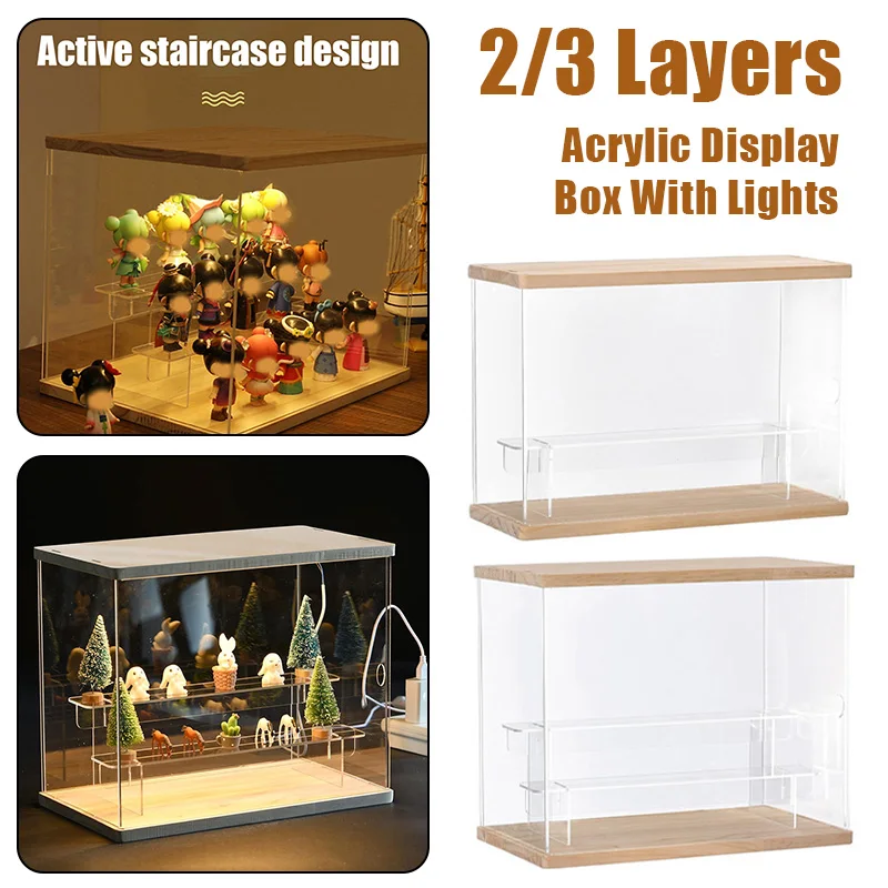 

Dustproof Acrylic Display Cabinet with Lights and Transparent Step for Blind Box Toy Action Figure Desktop Organizer Storage Box