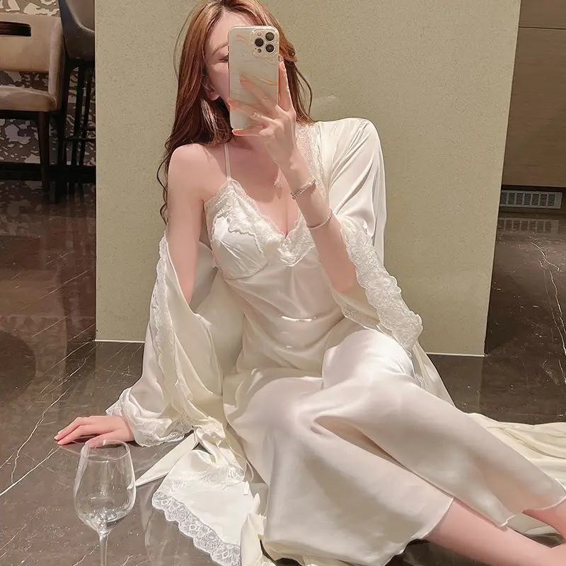 

Комплект из 2 предметов: халат и ночная сорочка из 100% шелка тутового шелкопряда в стиле принцессы, сексуальная ночная сорочка с кружевными вставками, длинное домашнее платье для сна