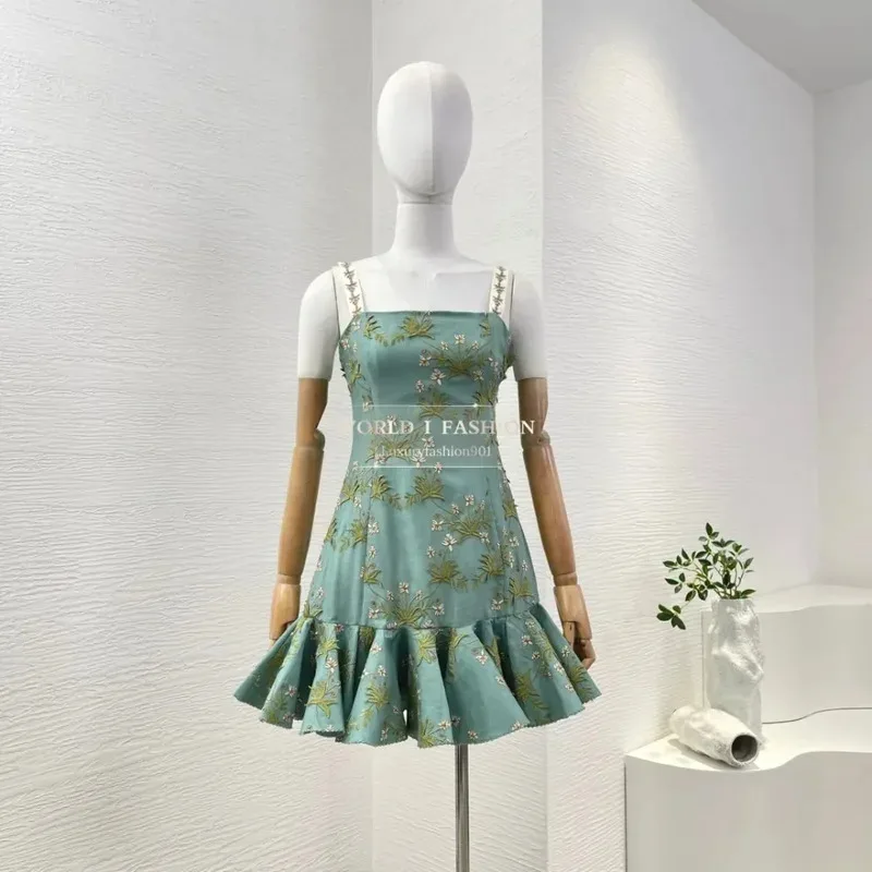 グリーンの花柄刺繍ノースリーブプリーツマーメイドフィッシュテールミニドレス2025リネン