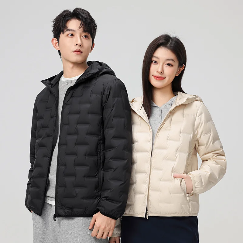 Men Women Lightweight Down Jacket, Outdoor Sports Hooded Puffer Coat, Fleece Lined Warm Parka