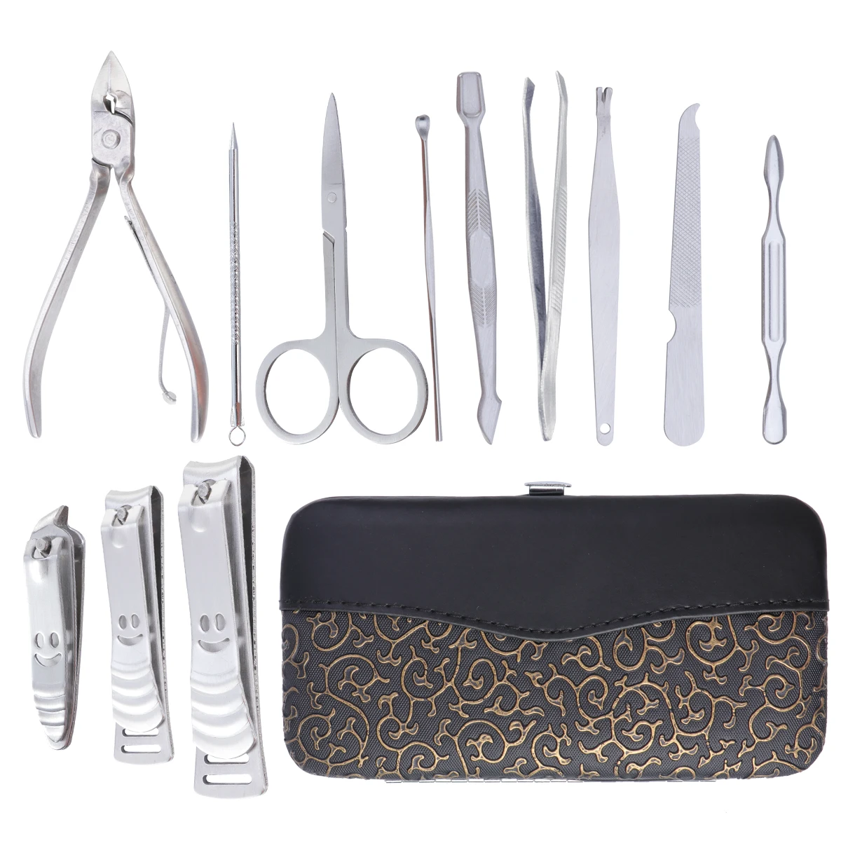 12 pezzi set per la cura delle unghie manicure pedicure kit per toelettatura strumenti in acciaio inossidabile argento marrone custodia da viaggio in PU spingi cuticole clipper