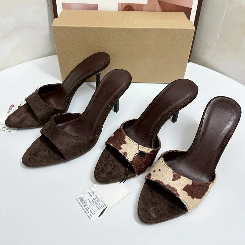 Novelty Faux Fur Summer High Heels Sandals for Ladies Retro Animal Printed Daily Pointed Toe Mules Brand Design Women Shoes view 6