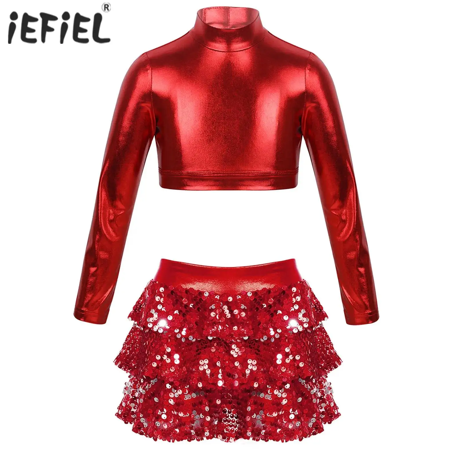 Kinder Mädchen glänzend metallisch Ballett Tanz setzt Crop Top mit gestuften Rüschen Rock Shorts Outfits für Latin Jazz Daning Kostüm