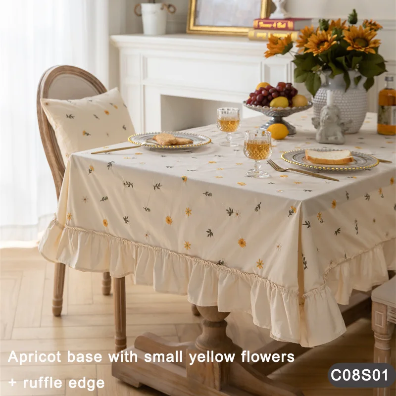 

Floral Embroidered Tablecloth - Cotton, Apricot Color with Decorative Green Scalloped Edge Invite Warmth & Charm