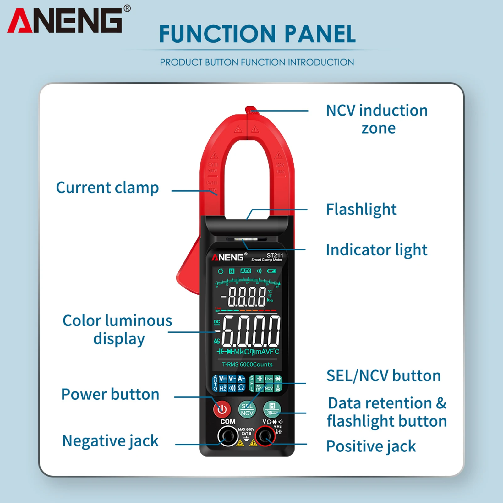 ANENG ST211 Digital AC Clamp Meter 400A Automatic Range Multimeter 6000 Counts NCV Test Clamp Ammeter Circuit Testing Tools