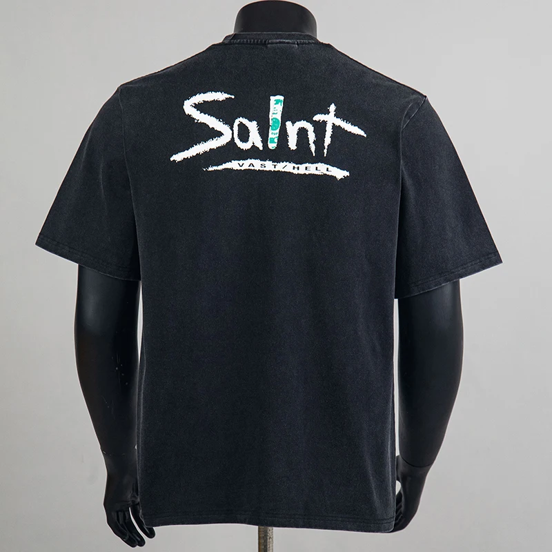26SS Saint Short Sleeve Inverted Triangle Print Pattern Round Neck Loose Fit Washed Distressed Short Sleeve T-Shirt Men Women