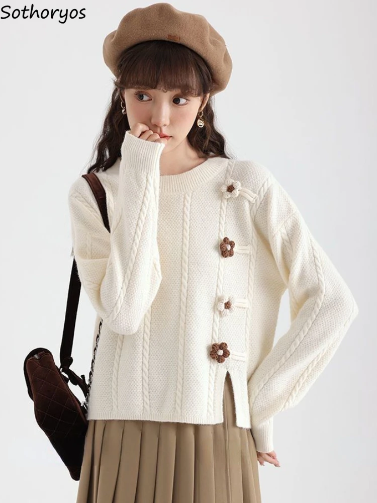 

Pullovers Women Flowers Leisure Slit Design Sweet Preppy Tender Simple All-match Sweater Korean Style Students Autumn Warm Chic